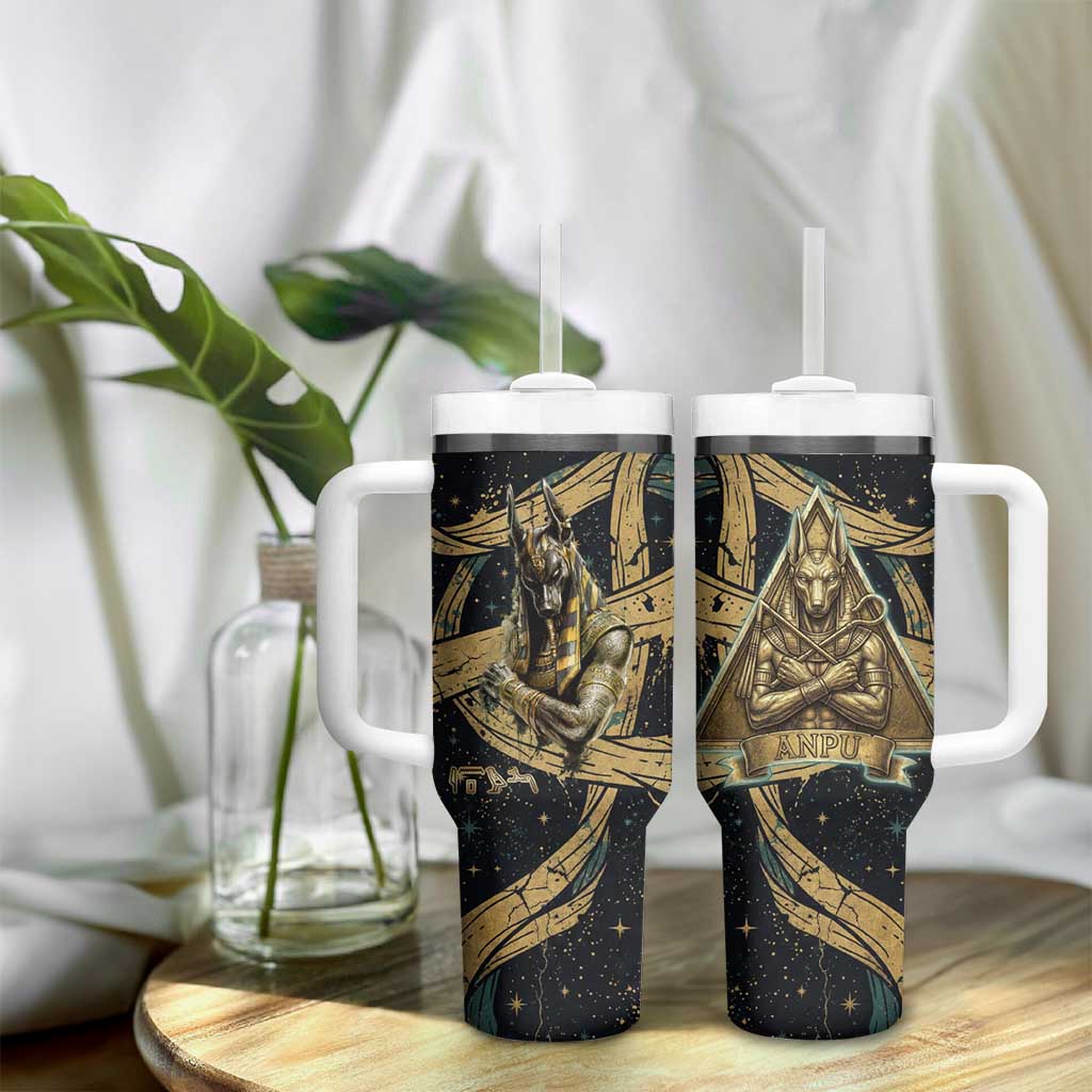 Anubis Ancient Egyptian Tumbler With Handle with Starry Mummy Wrap Pattern, Anubis Warrior Illustration, and Pyramid - African Pride