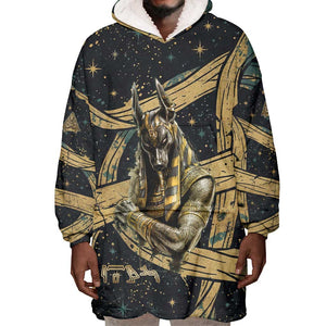 Anubis Ancient Egyptian Wearable Blanket Hoodie with Starry Mummy Wrap Pattern, Anubis Warrior Illustration, and Pyramid - African Pride