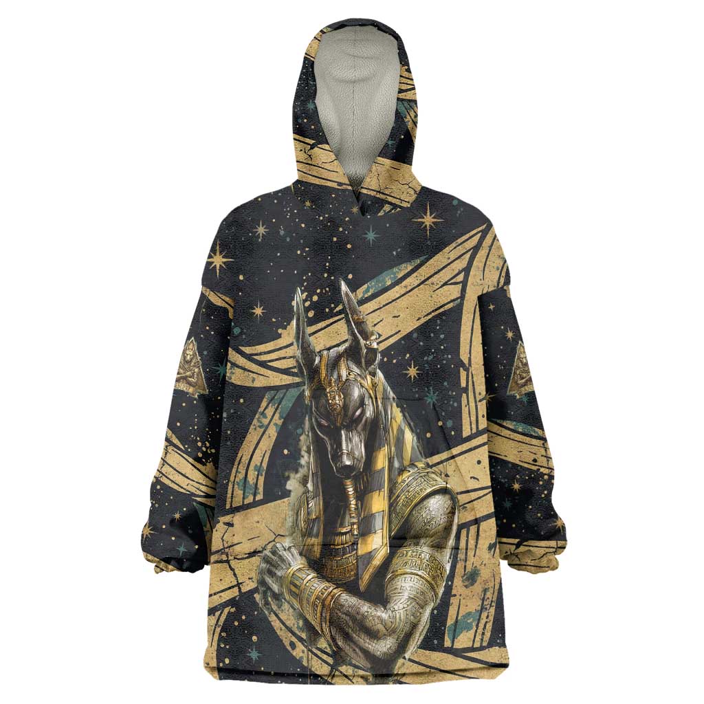 Anubis Ancient Egyptian Wearable Blanket Hoodie with Starry Mummy Wrap Pattern, Anubis Warrior Illustration, and Pyramid - African Pride