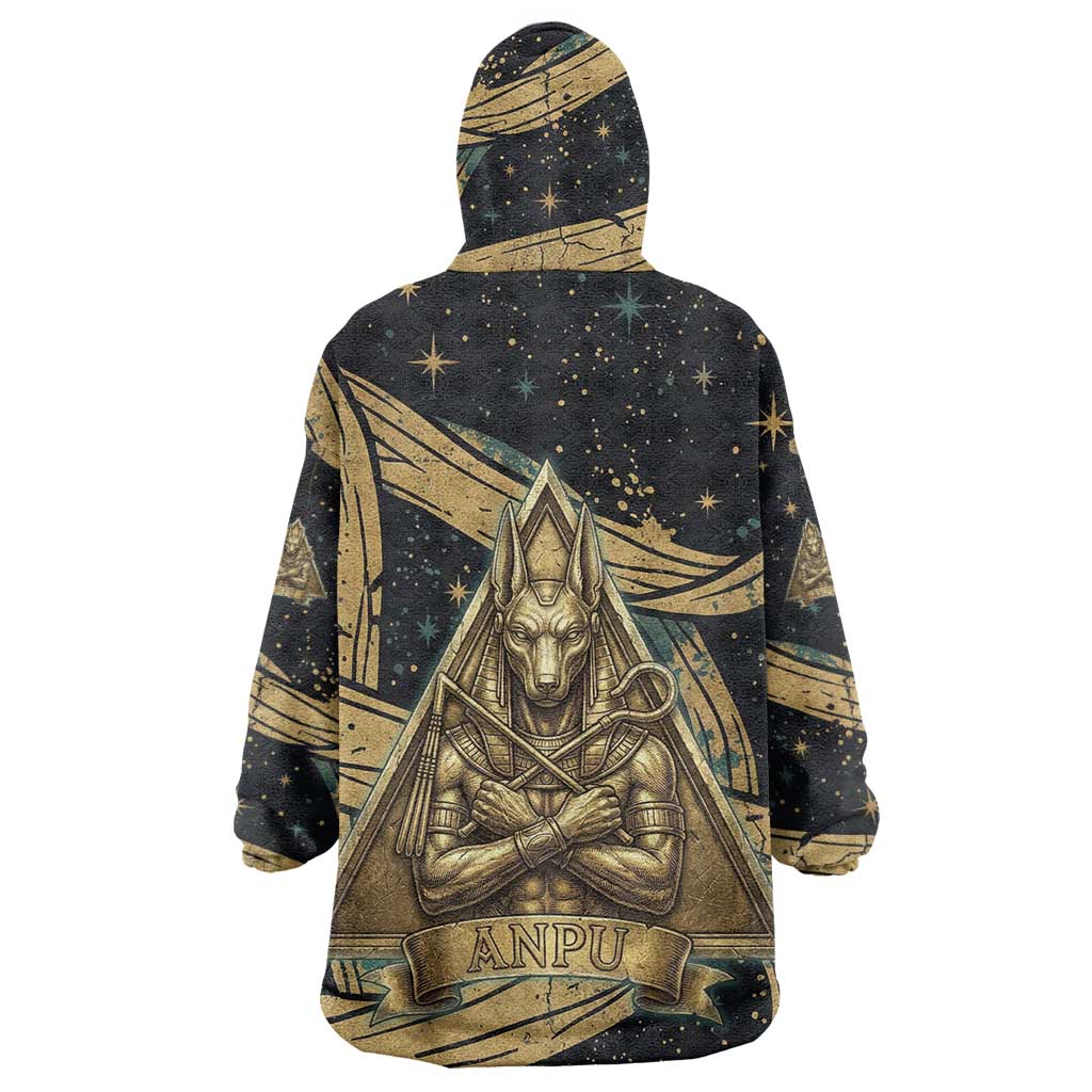Anubis Ancient Egyptian Wearable Blanket Hoodie with Starry Mummy Wrap Pattern, Anubis Warrior Illustration, and Pyramid - African Pride