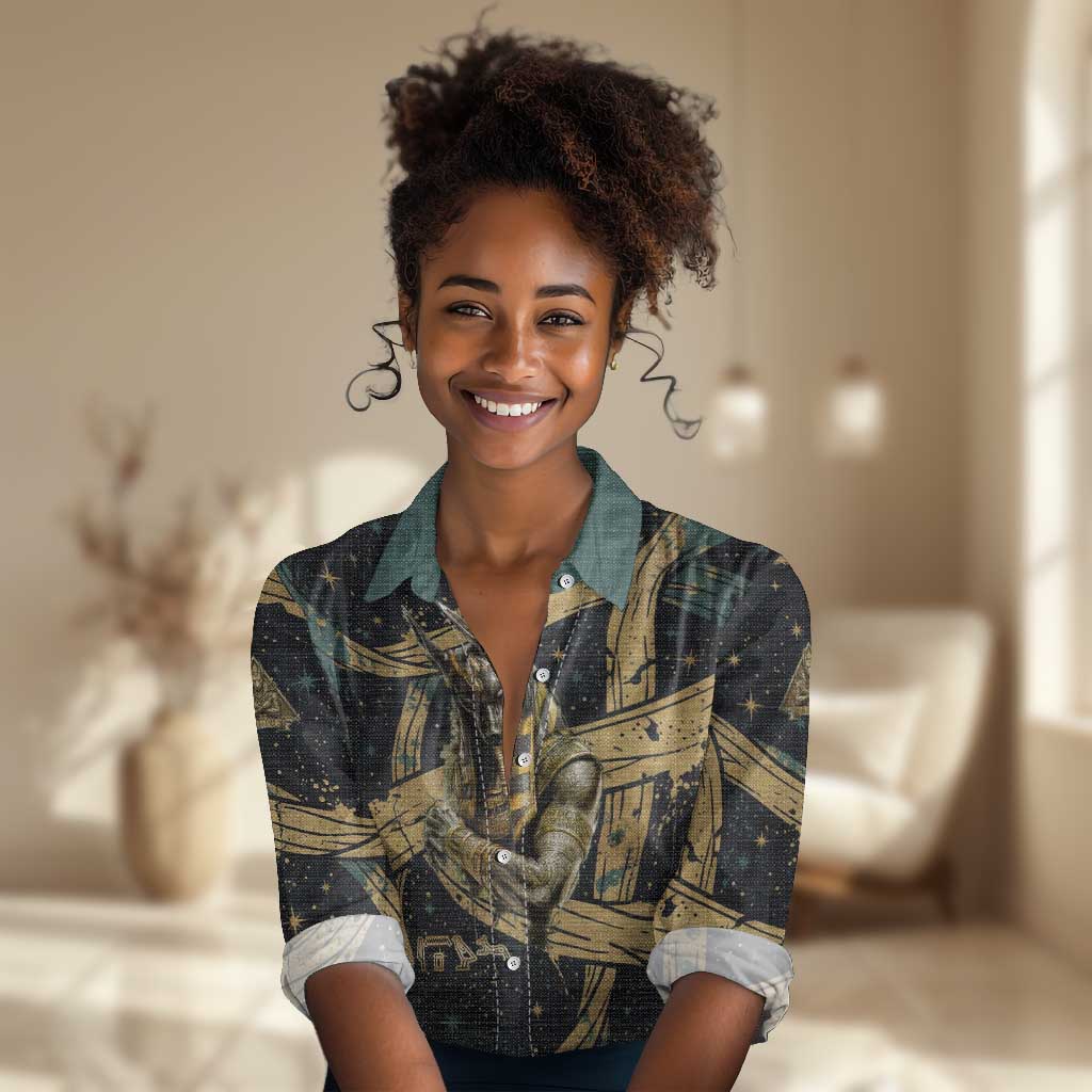 Anubis Ancient Egyptian Women Casual Shirt with Starry Mummy Wrap Pattern, Anubis Warrior Illustration, and Pyramid - African Pride