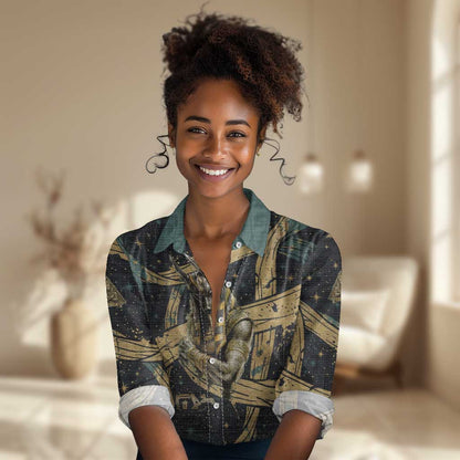 Anubis Ancient Egyptian Women Casual Shirt with Starry Mummy Wrap Pattern, Anubis Warrior Illustration, and Pyramid - African Pride