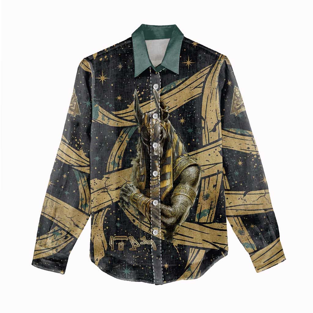 Anubis Ancient Egyptian Women Casual Shirt with Starry Mummy Wrap Pattern, Anubis Warrior Illustration, and Pyramid - African Pride