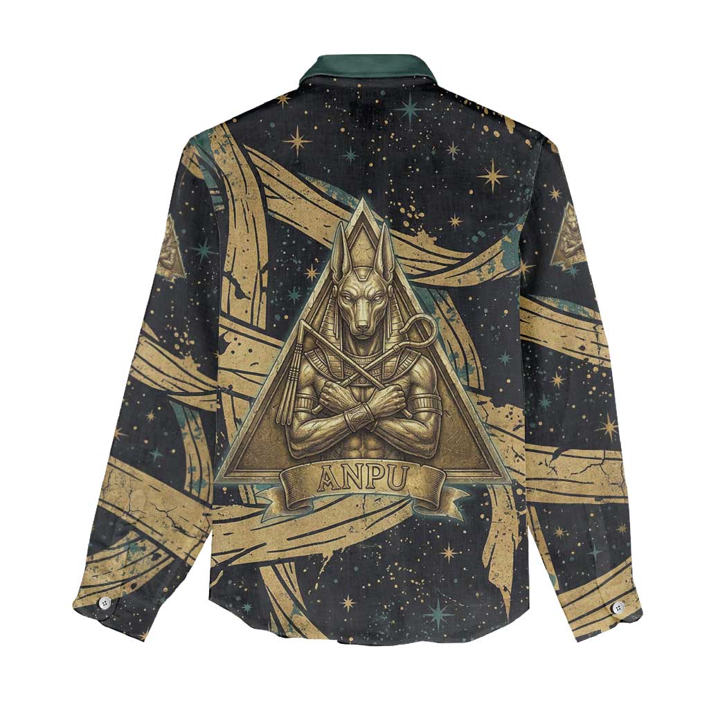 Anubis Ancient Egyptian Women Casual Shirt with Starry Mummy Wrap Pattern, Anubis Warrior Illustration, and Pyramid - African Pride