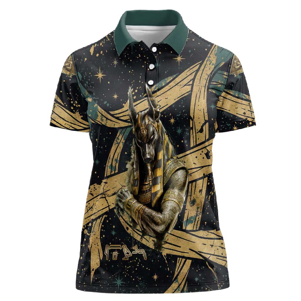 Anubis Ancient Egyptian Women Polo Shirt with Starry Mummy Wrap Pattern, Anubis Warrior Illustration, and Pyramid - African Pride