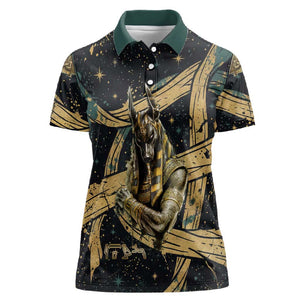 Anubis Ancient Egyptian Women Polo Shirt with Starry Mummy Wrap Pattern, Anubis Warrior Illustration, and Pyramid - African Pride