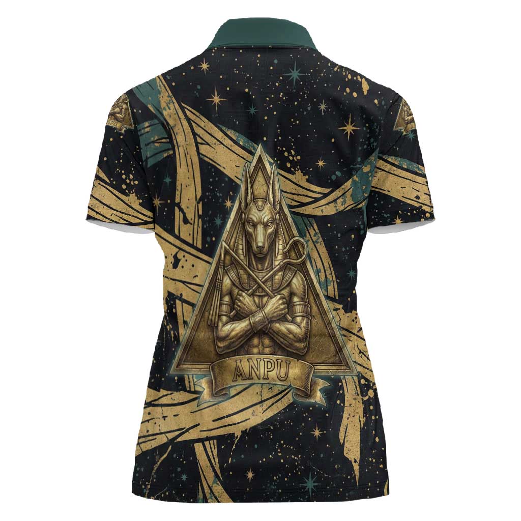 Anubis Ancient Egyptian Women Polo Shirt with Starry Mummy Wrap Pattern, Anubis Warrior Illustration, and Pyramid - African Pride