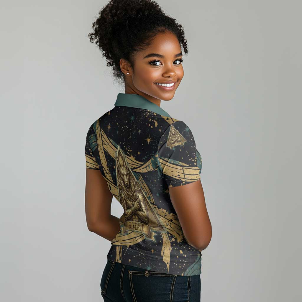 Anubis Ancient Egyptian Women Polo Shirt with Starry Mummy Wrap Pattern, Anubis Warrior Illustration, and Pyramid - African Pride