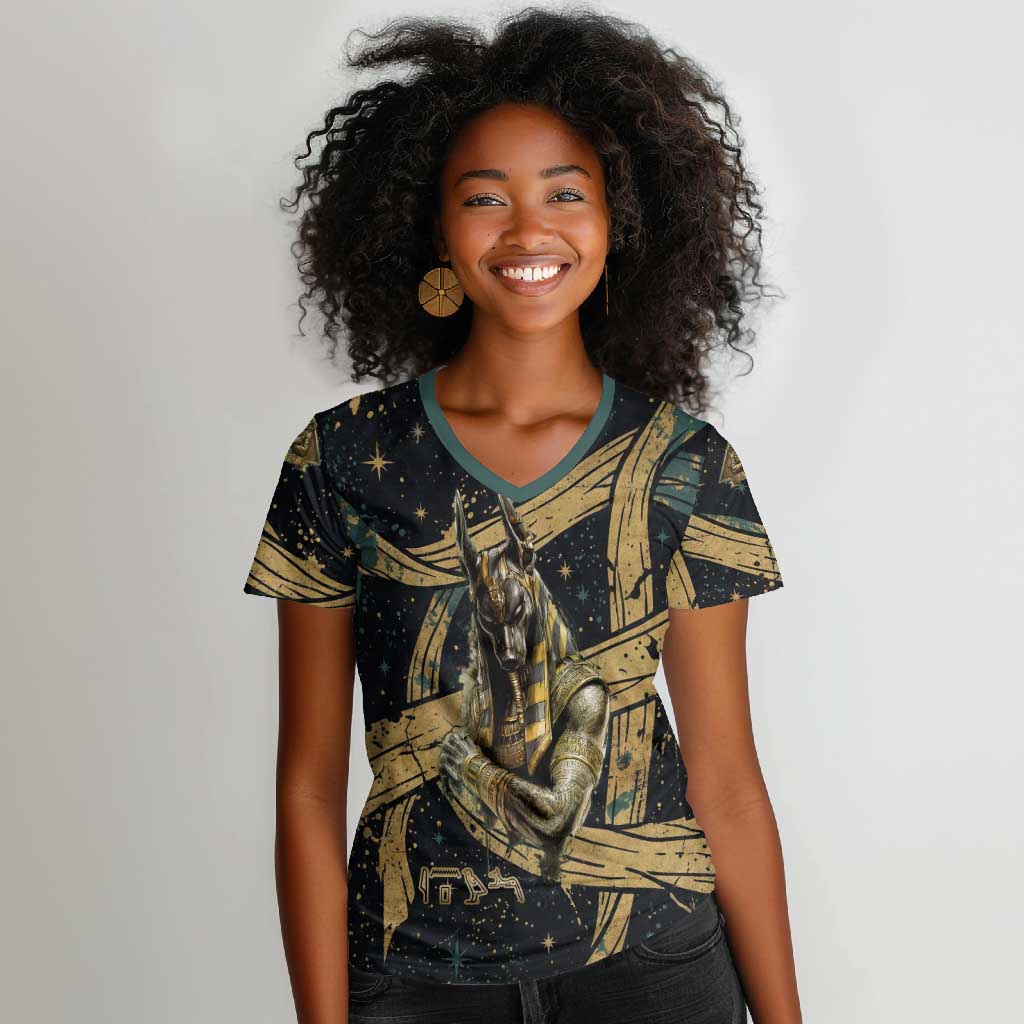 Anubis Ancient Egyptian Women V-Neck T-Shirt with Starry Mummy Wrap Pattern, Anubis Warrior Illustration, and Pyramid - African Pride