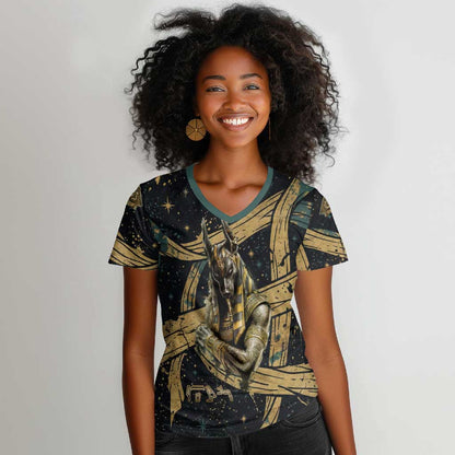 Anubis Ancient Egyptian Women V-Neck T-Shirt with Starry Mummy Wrap Pattern, Anubis Warrior Illustration, and Pyramid - African Pride