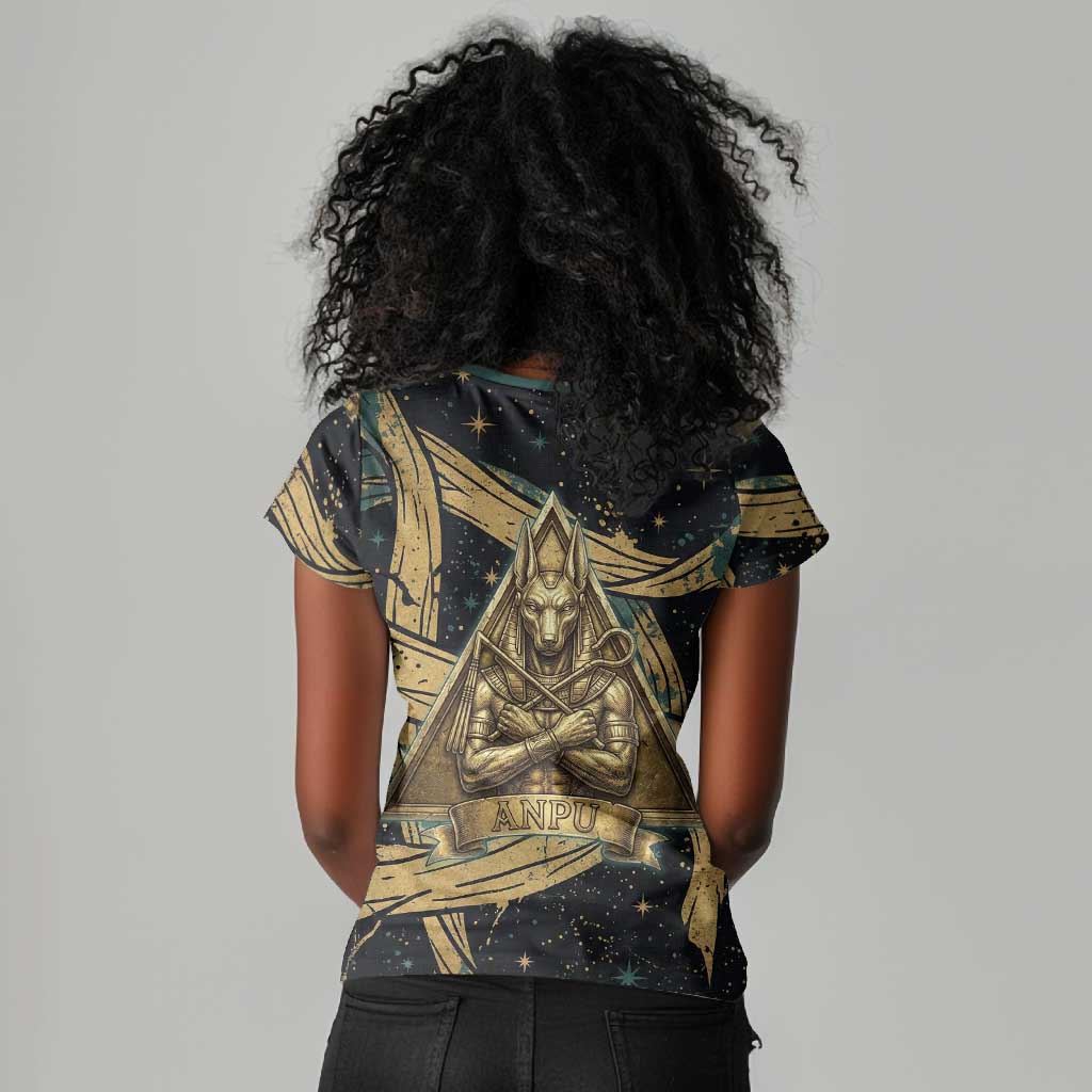 Anubis Ancient Egyptian Women V-Neck T-Shirt with Starry Mummy Wrap Pattern, Anubis Warrior Illustration, and Pyramid - African Pride