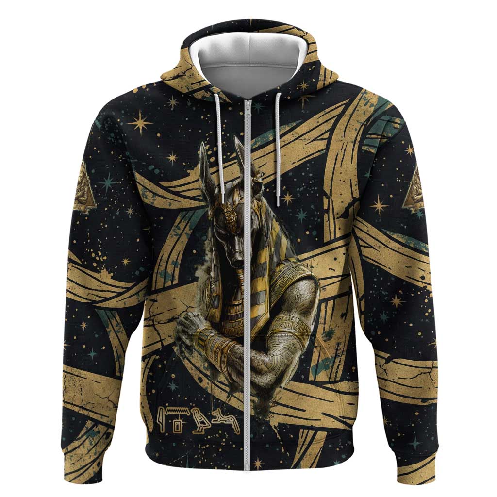 Anubis Ancient Egyptian Zip Hoodie with Starry Mummy Wrap Pattern, Anubis Warrior Illustration, and Pyramid - African Pride