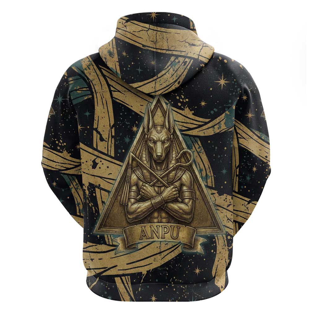 Anubis Ancient Egyptian Zip Hoodie with Starry Mummy Wrap Pattern, Anubis Warrior Illustration, and Pyramid - African Pride