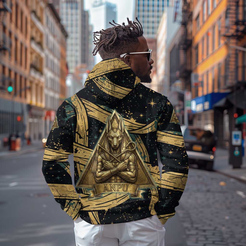 Anubis Ancient Egyptian Zip Hoodie with Starry Mummy Wrap Pattern, Anubis Warrior Illustration, and Pyramid - African Pride
