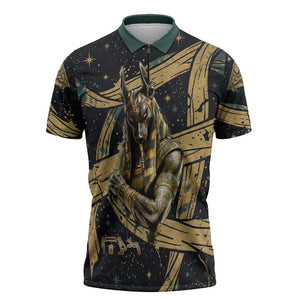 Anubis Ancient Egyptian Zipper Polo Shirt with Starry Mummy Wrap Pattern, Anubis Warrior Illustration, and Pyramid - African Pride
