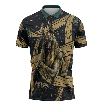 Anubis Ancient Egyptian Zipper Polo Shirt with Starry Mummy Wrap Pattern, Anubis Warrior Illustration, and Pyramid - African Pride