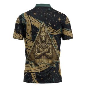 Anubis Ancient Egyptian Zipper Polo Shirt with Starry Mummy Wrap Pattern, Anubis Warrior Illustration, and Pyramid - African Pride