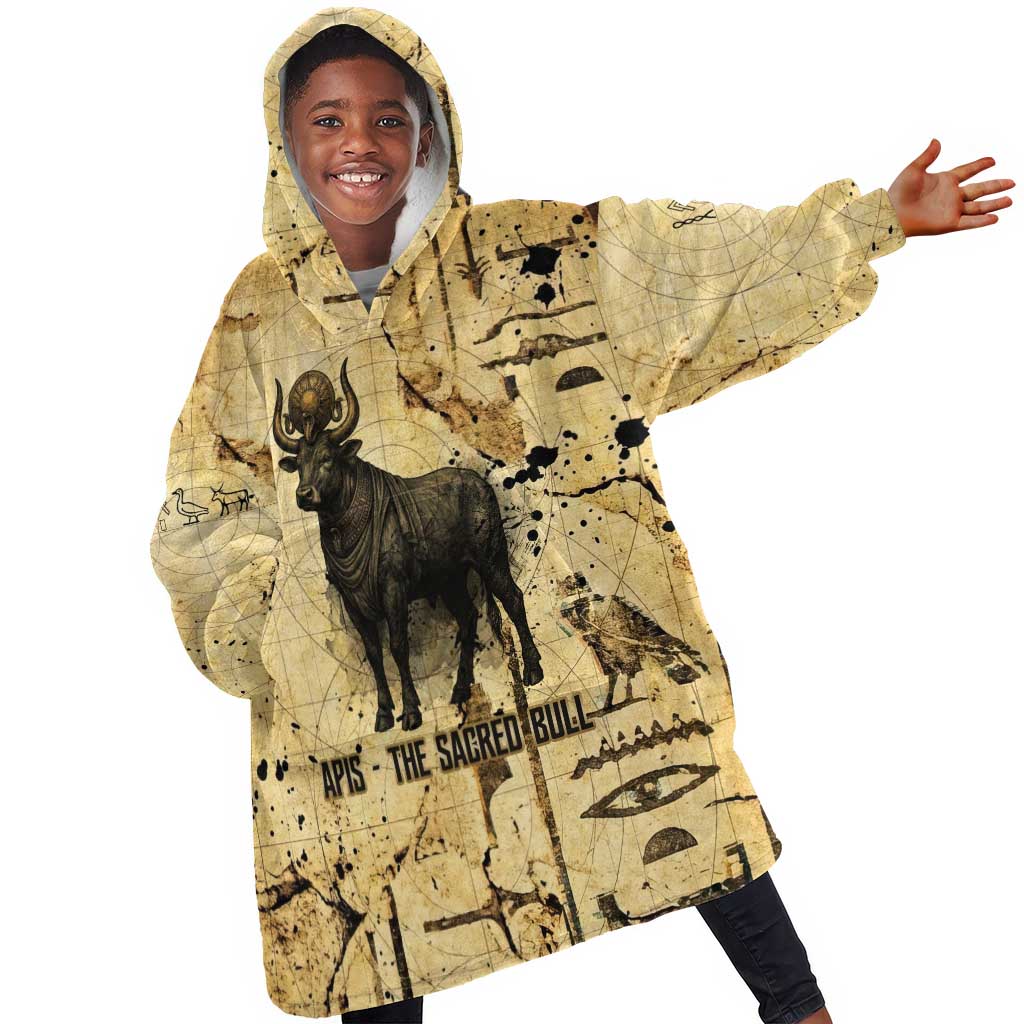 Apis Kid Wearable Blanket Hoodie Ancient Egyptian Papyrus Map, Egyptian Crown Bull Illustration - African Pride