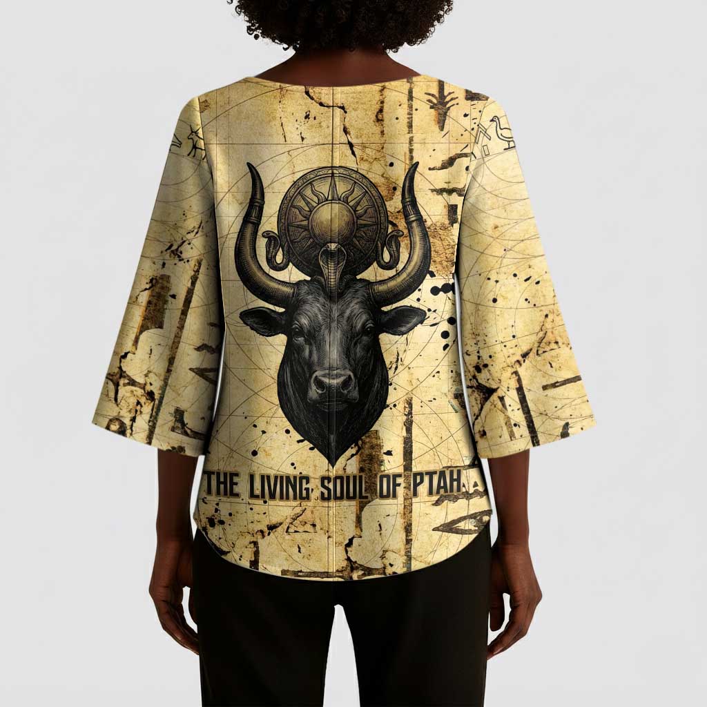 Apis Kimono Sleeve Blouse Ancient Egyptian Papyrus Map, Egyptian Crown Bull Illustration - African Pride