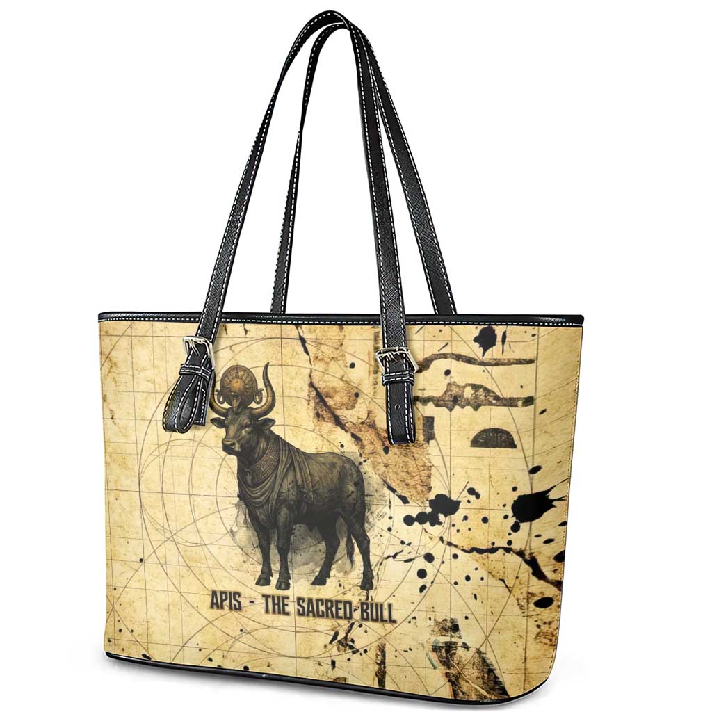 Apis Leather Tote Bag Ancient Egyptian Papyrus Map, Egyptian Crown Bull Illustration - African Pride