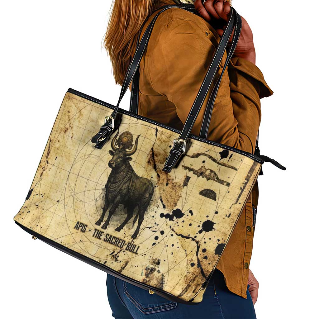 Apis Leather Tote Bag Ancient Egyptian Papyrus Map, Egyptian Crown Bull Illustration - African Pride