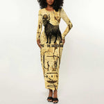 Apis Long Sleeve Bodycon Dress Ancient Egyptian Papyrus Map, Egyptian Crown Bull Illustration - African Pride