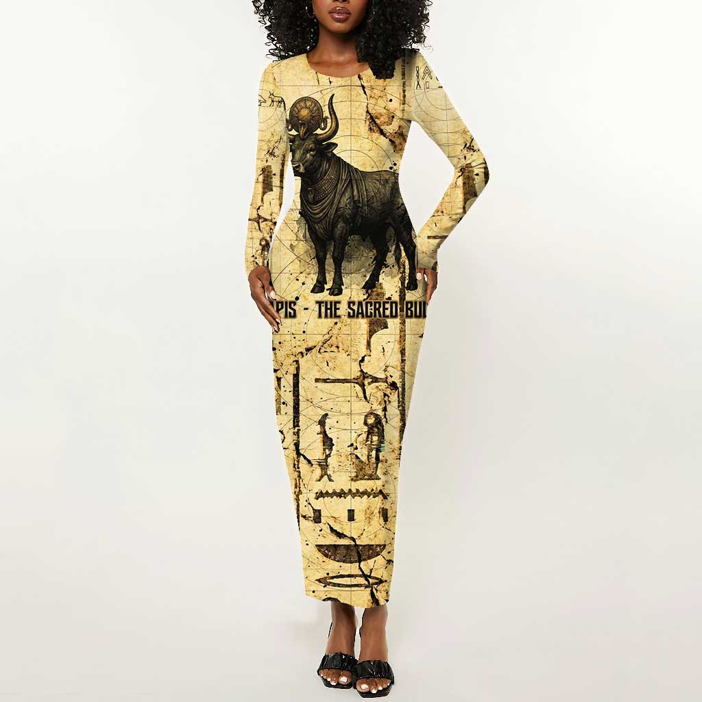 Apis Long Sleeve Bodycon Dress Ancient Egyptian Papyrus Map, Egyptian Crown Bull Illustration - African Pride