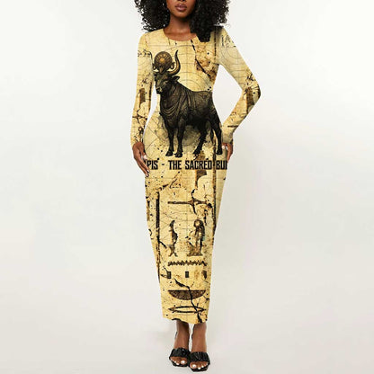 Apis Long Sleeve Bodycon Dress Ancient Egyptian Papyrus Map, Egyptian Crown Bull Illustration - African Pride