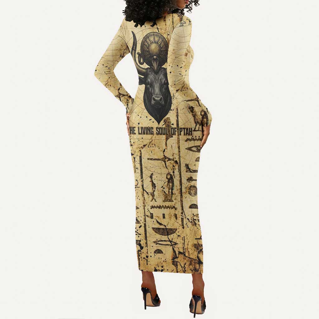 Apis Long Sleeve Bodycon Dress Ancient Egyptian Papyrus Map, Egyptian Crown Bull Illustration - African Pride