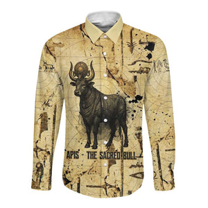 Apis Long Sleeve Button Shirt Ancient Egyptian Papyrus Map, Egyptian Crown Bull Illustration - African Pride