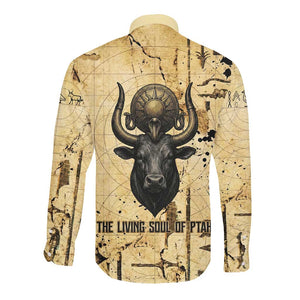Apis Long Sleeve Button Shirt Ancient Egyptian Papyrus Map, Egyptian Crown Bull Illustration - African Pride