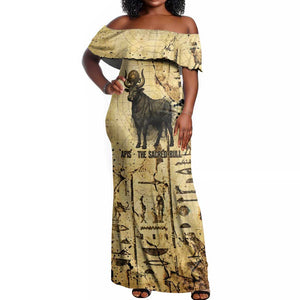 Apis Off Shoulder Maxi Dress Ancient Egyptian Papyrus Map, Egyptian Crown Bull Illustration - African Pride
