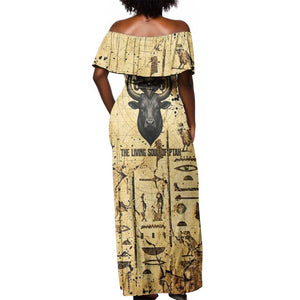 Apis Off Shoulder Maxi Dress Ancient Egyptian Papyrus Map, Egyptian Crown Bull Illustration - African Pride