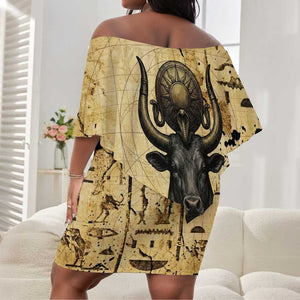 Apis Off Shoulder Short Dress Ancient Egyptian Papyrus Map, Egyptian Crown Bull Illustration - African Pride