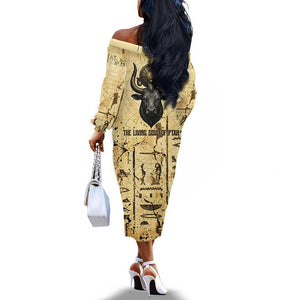 Apis Off The Shoulder Long Sleeve Dress Ancient Egyptian Papyrus Map, Egyptian Crown Bull Illustration - African Pride