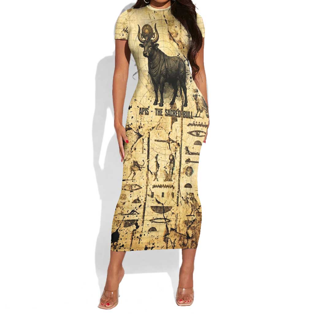 Apis Short Sleeve Bodycon Dress Ancient Egyptian Papyrus Map, Egyptian Crown Bull Illustration - African Pride