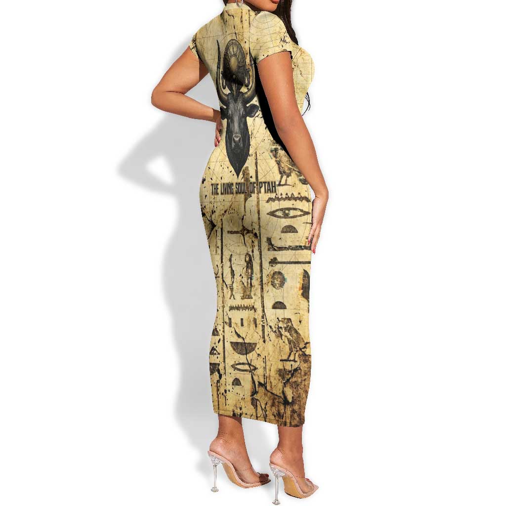 Apis Short Sleeve Bodycon Dress Ancient Egyptian Papyrus Map, Egyptian Crown Bull Illustration - African Pride