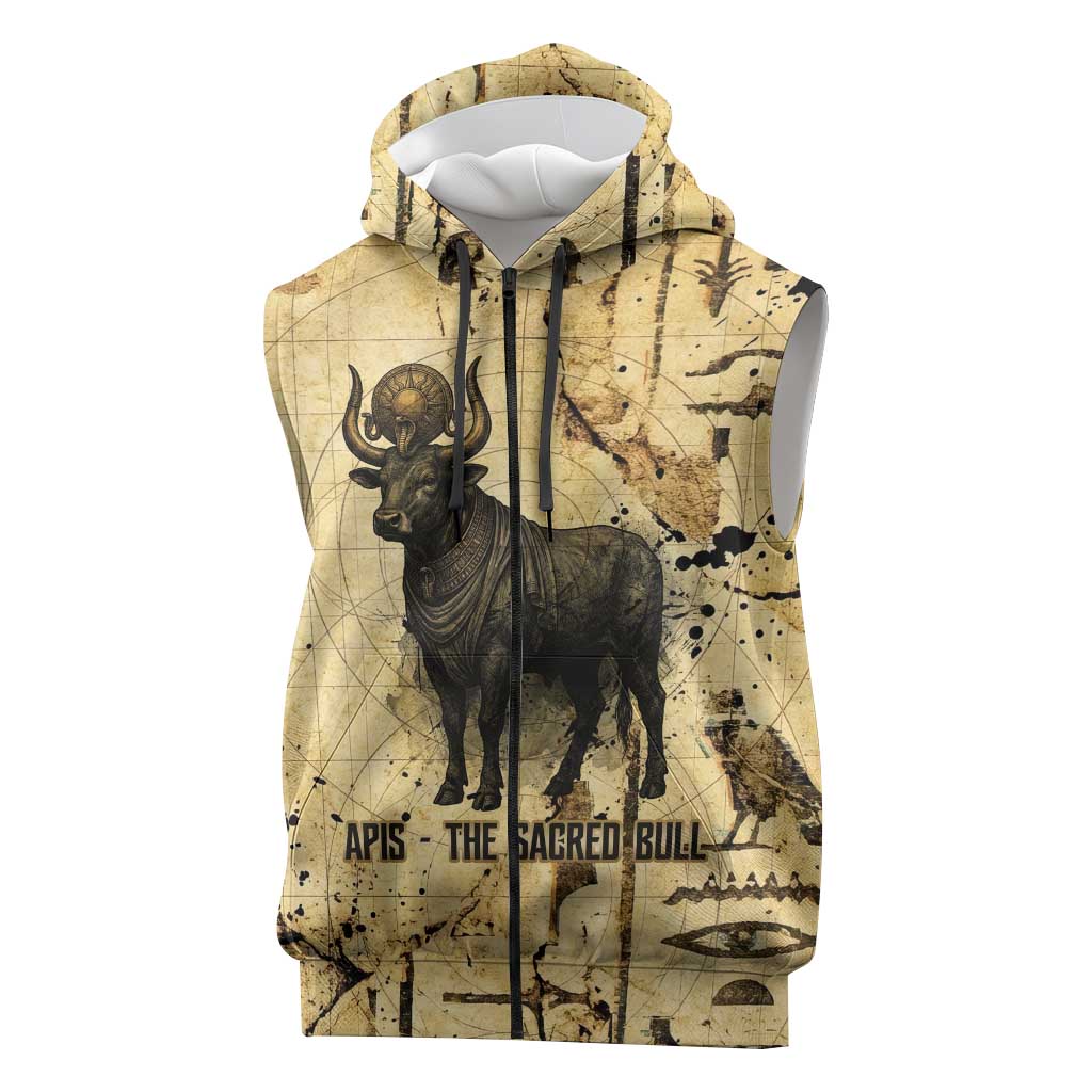 Apis Sleeveless Zip Hoodie Ancient Egyptian Papyrus Map, Egyptian Crown Bull Illustration - African Pride