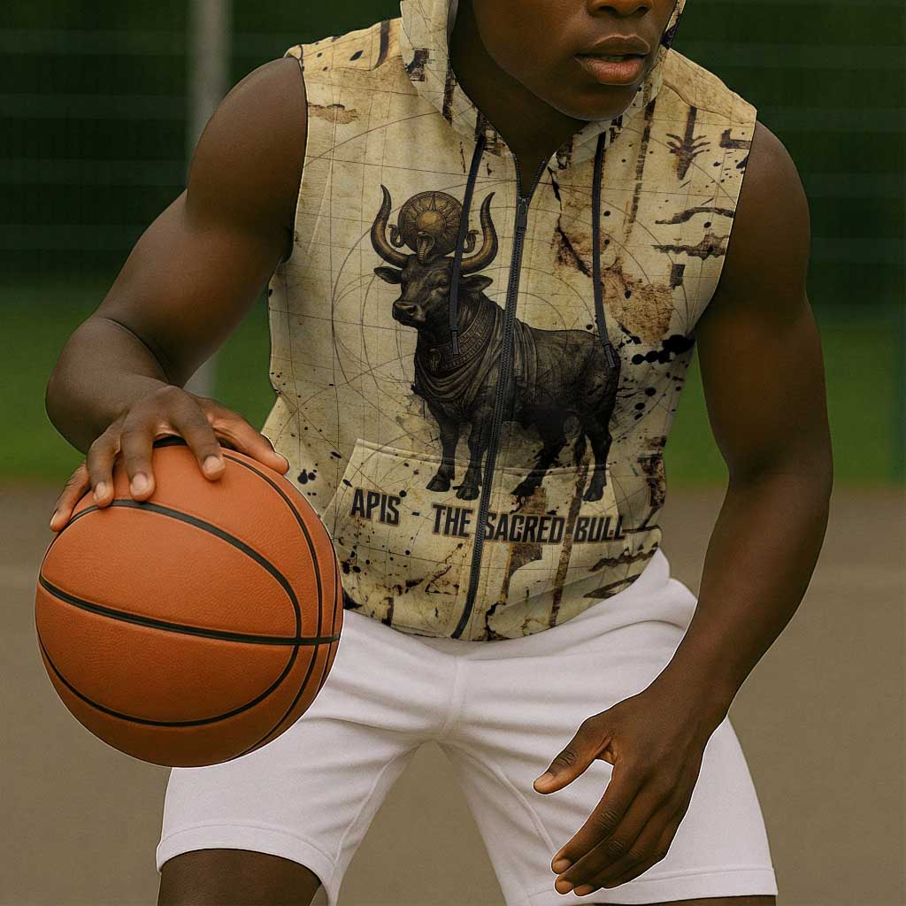 Apis Sleeveless Zip Hoodie Ancient Egyptian Papyrus Map, Egyptian Crown Bull Illustration - African Pride