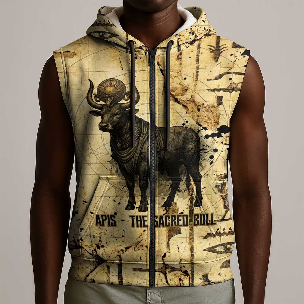 Apis Sleeveless Zip Hoodie Ancient Egyptian Papyrus Map, Egyptian Crown Bull Illustration - African Pride