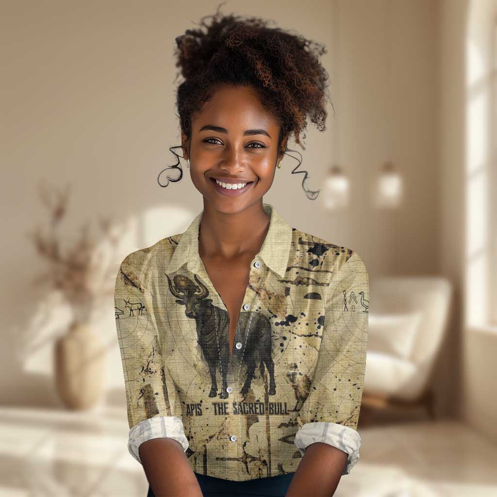 Apis Women Casual Shirt Ancient Egyptian Papyrus Map, Egyptian Crown Bull Illustration - African Pride