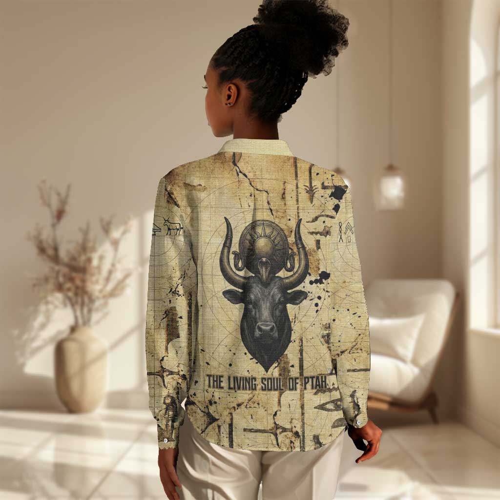 Apis Women Casual Shirt Ancient Egyptian Papyrus Map, Egyptian Crown Bull Illustration - African Pride