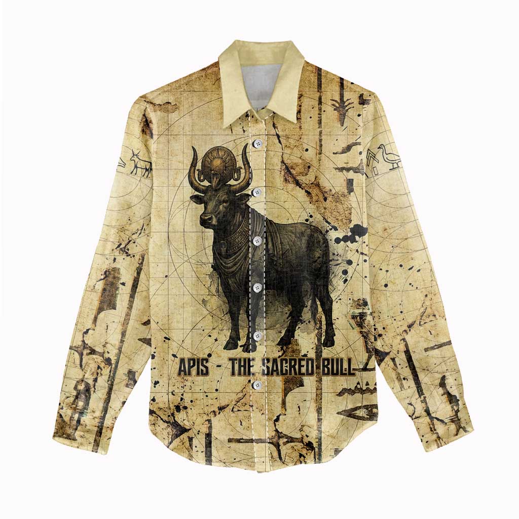 Apis Women Casual Shirt Ancient Egyptian Papyrus Map, Egyptian Crown Bull Illustration - African Pride