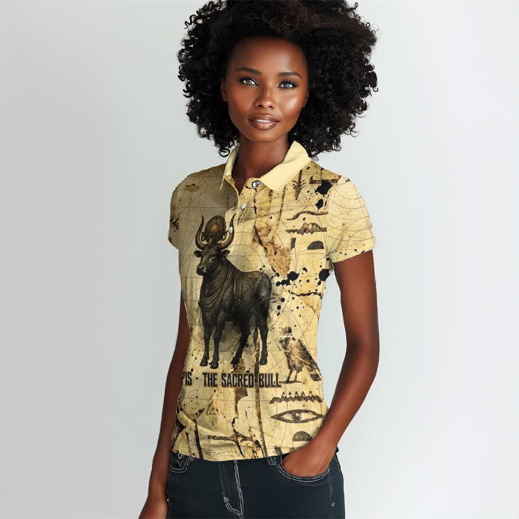 Apis Women Polo Shirt Ancient Egyptian Papyrus Map, Egyptian Crown Bull Illustration - African Pride