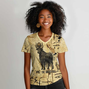 Apis Women V-Neck T-Shirt Ancient Egyptian Papyrus Map, Egyptian Crown Bull Illustration - African Pride
