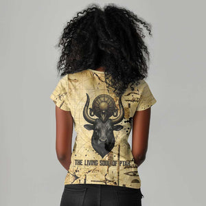 Apis Women V-Neck T-Shirt Ancient Egyptian Papyrus Map, Egyptian Crown Bull Illustration - African Pride