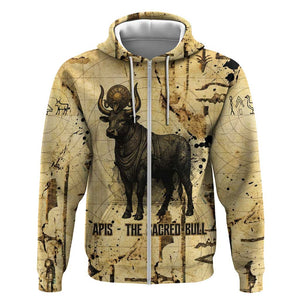 Apis Zip Hoodie Ancient Egyptian Papyrus Map, Egyptian Crown Bull Illustration - African Pride