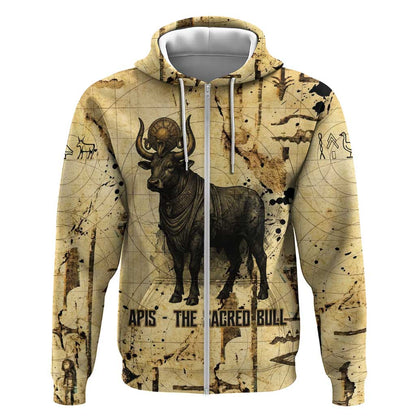 Apis Zip Hoodie Ancient Egyptian Papyrus Map, Egyptian Crown Bull Illustration - African Pride