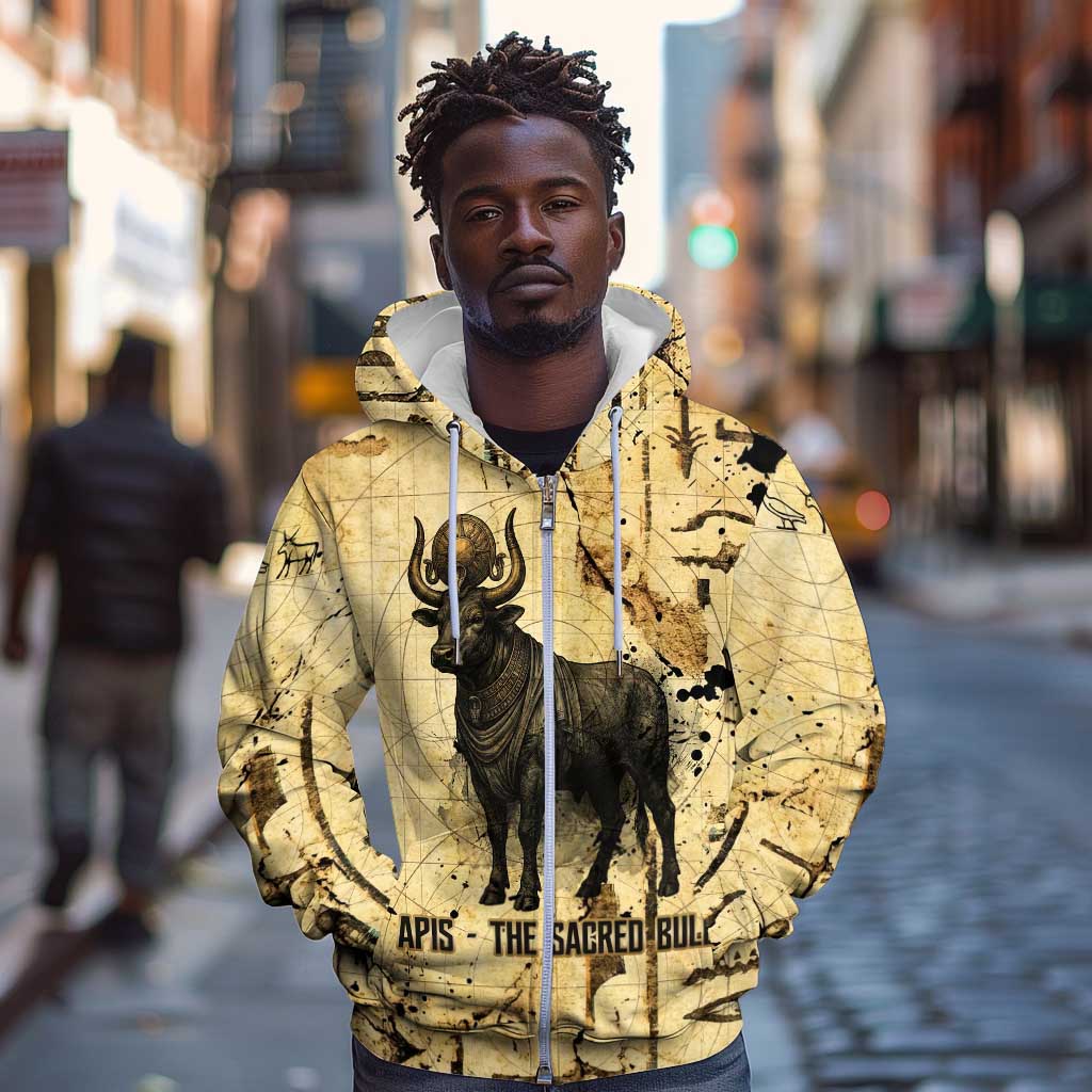 Apis Zip Hoodie Ancient Egyptian Papyrus Map, Egyptian Crown Bull Illustration - African Pride