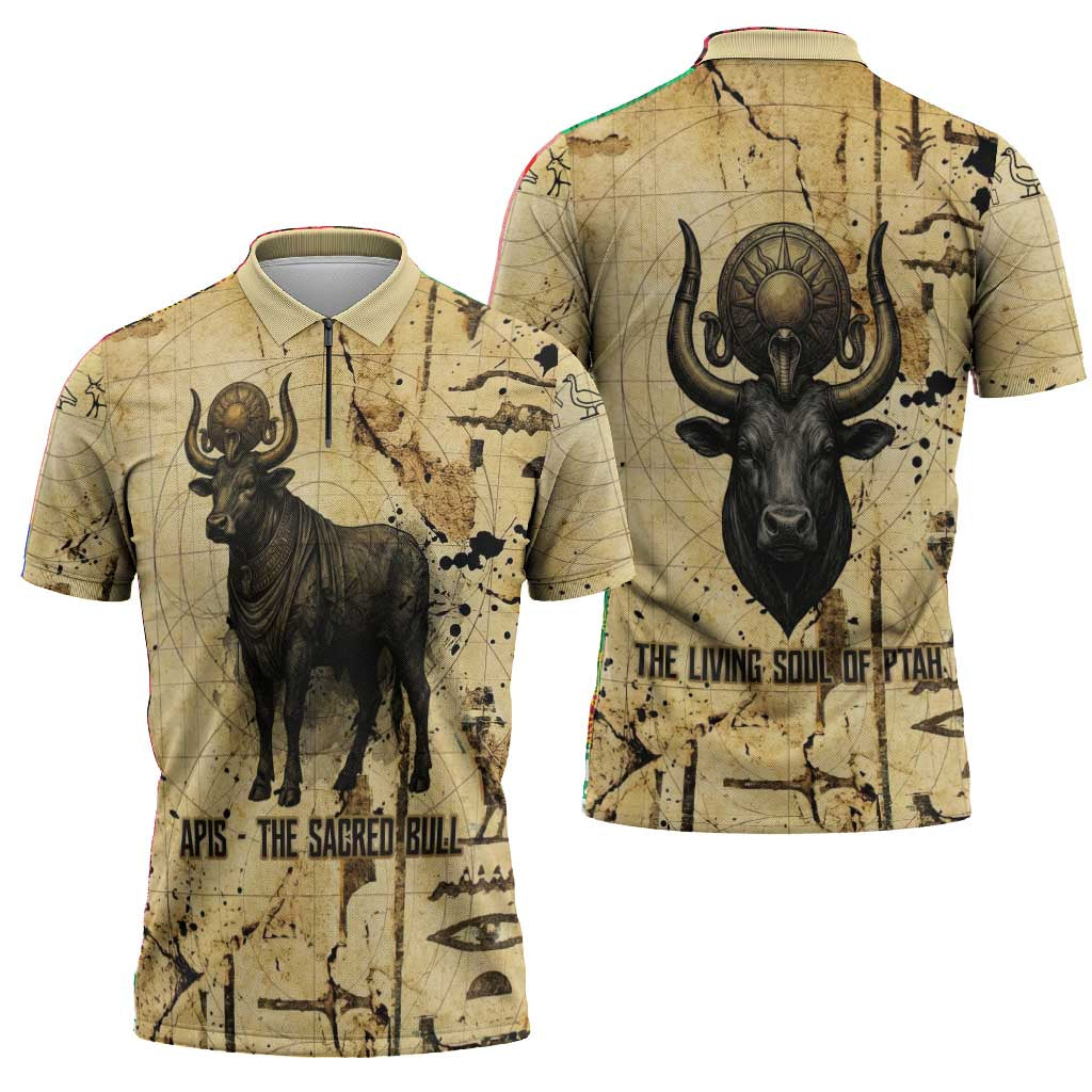 Apis Zipper Polo Shirt Ancient Egyptian Papyrus Map, Egyptian Crown Bull Illustration - African Pride